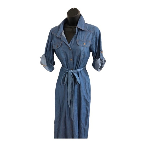 Blue denim fabric button front boho look belted dress size small brand new - Picture 7 of 16